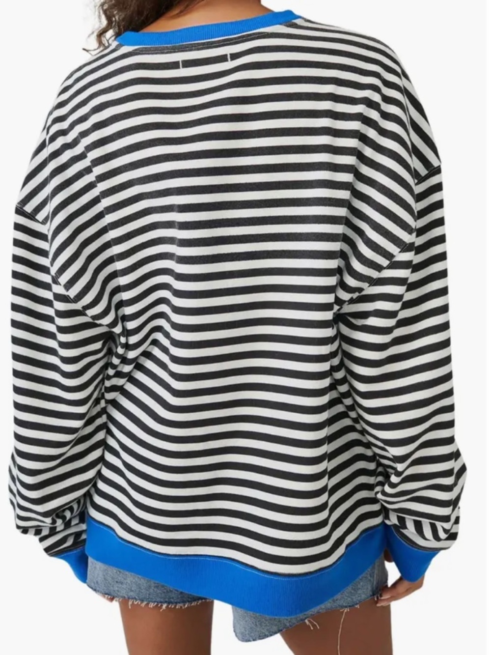 Free People Oversized Striped Black & White Sweatshirt with Blue Trim - Picture 4 of 10